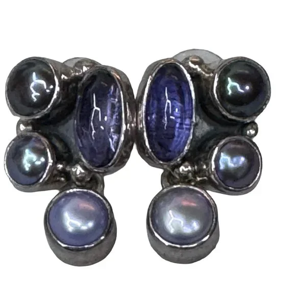 Amy Kahn Sterling Silver Earrings Cluster Labradorite Purple Pearls Drop Dangle - Picture 4 of 7